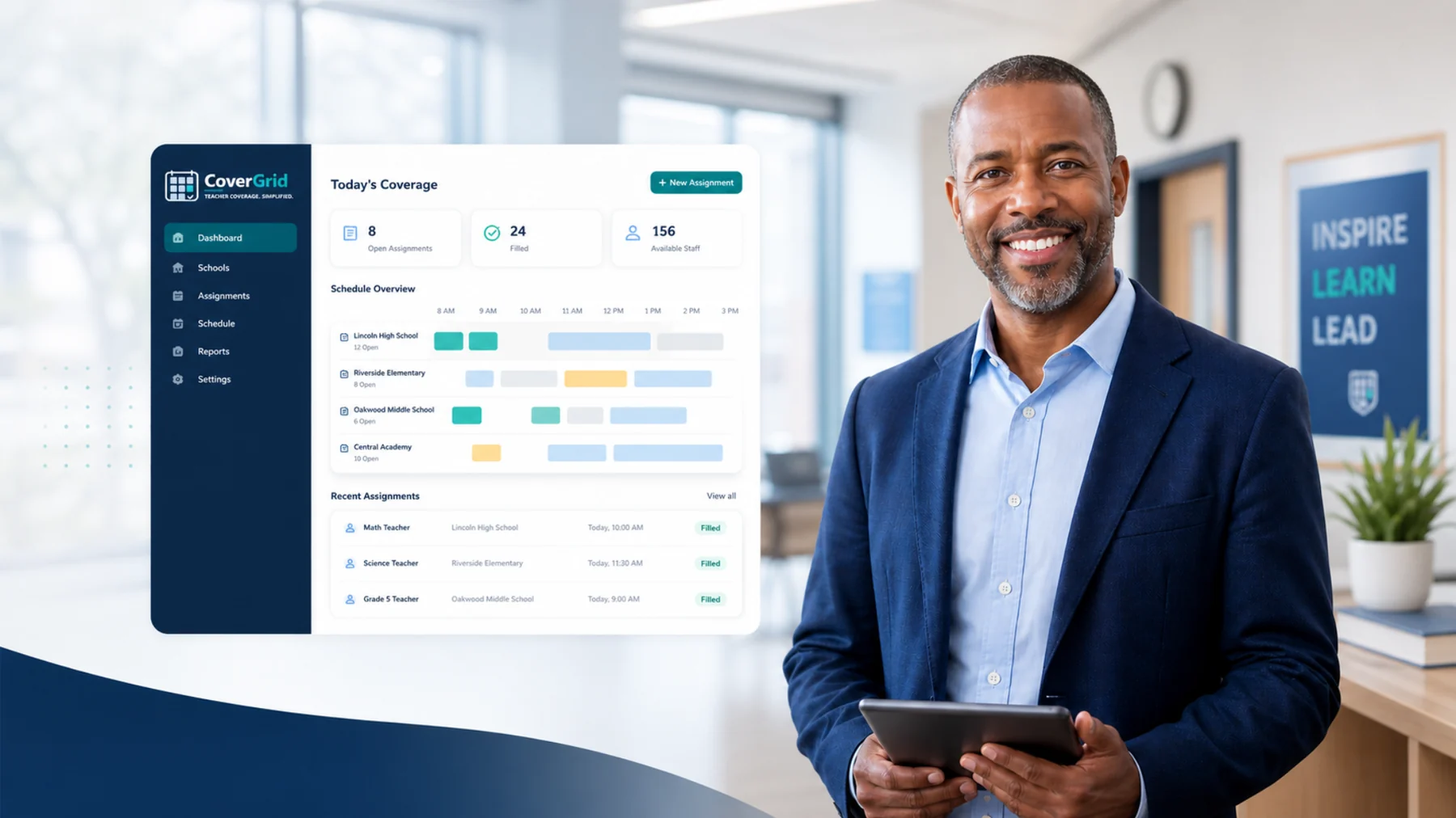 CoverGrid teacher coverage dashboard beside a school administrator using a tablet