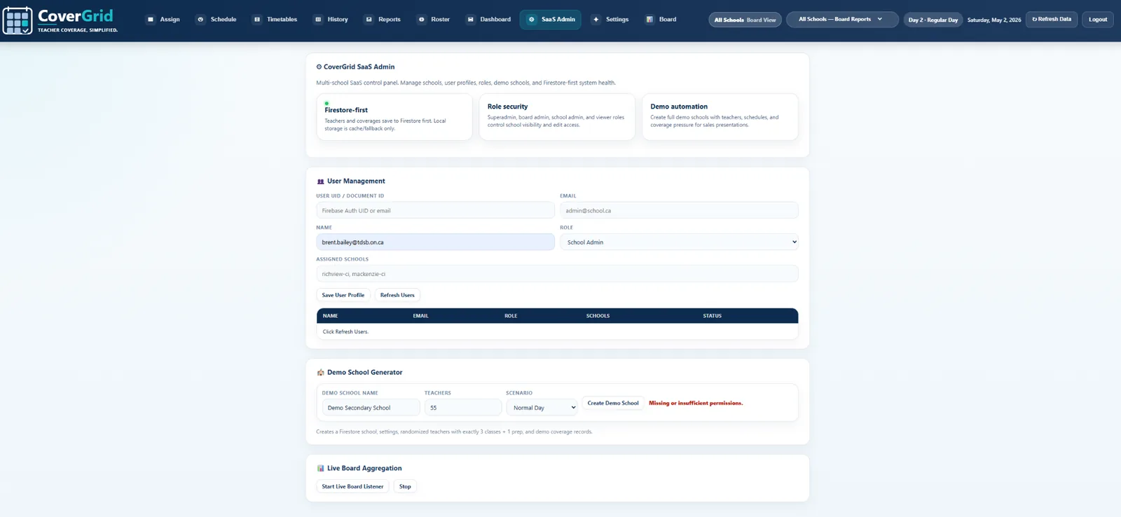 CoverGrid platform preview showing school administration and coverage management tools